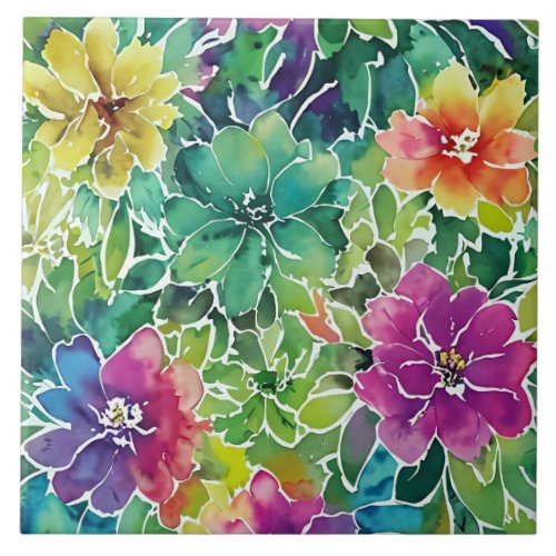 Beautiful Watercolor Flower Pattern Ceramic Tile