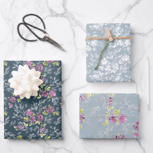 Beautiful watercolor flower pattern trio wrapping paper sheets