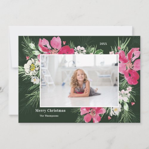 Beautiful Watercolor flower wreath green Christmas Holiday Card