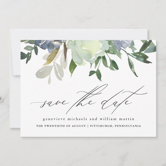 Beautiful Watercolor Flowers and Greenery Wedding Save The Date (Front)
