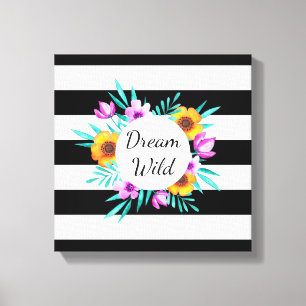 Beautiful Watercolor Flowers Black Stripes Quote Canvas Print