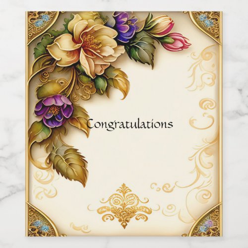 Beautiful Watercolor Flowers Gold Filigree Wine Label