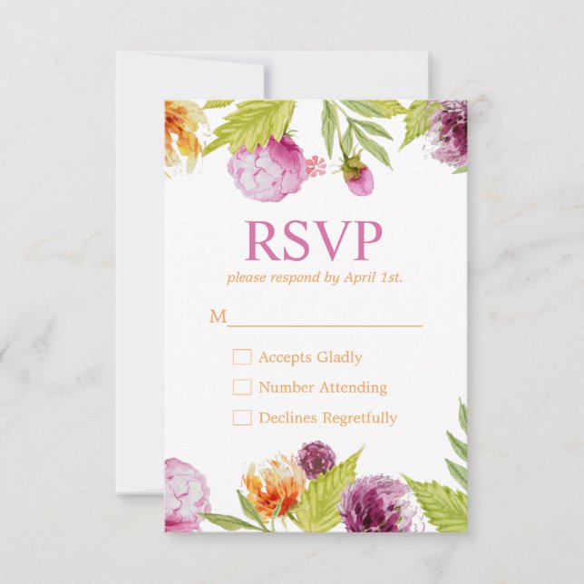 Beautiful Watercolor Flowers RSVP Response Card (Front)