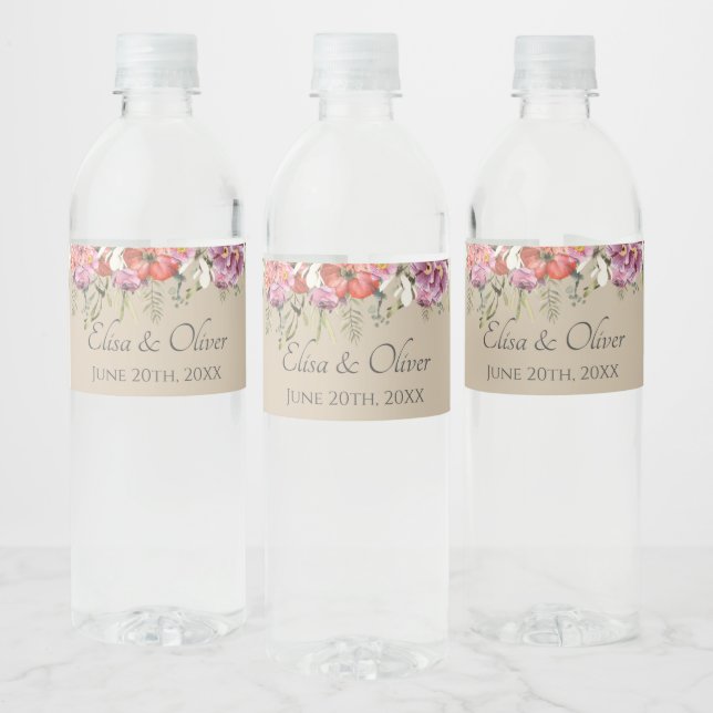 Beautiful Watercolor Flowers Wedding Water Bottle Label (Bottles)