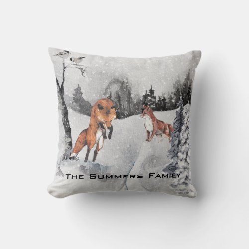 Beautiful Watercolor Fox Winter Landscape Throw Pillow