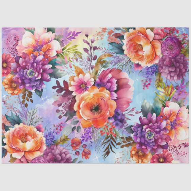 Beautiful Watercolor Garden Flowers Decoupage Tissue Paper (Front)