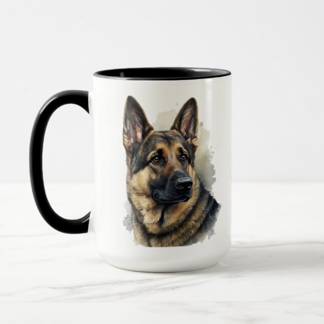 BEAUTIFUL WATERCOLOR GERMAN SHEPHERD DOG FLOWERS MUG (Left)