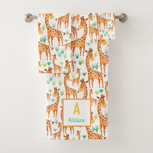Beautiful Watercolor Giraffe Animal Personalized Bath Towel Set (Insitu)