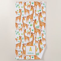 Beautiful Watercolor Giraffe Animal Personalized Beach Towel