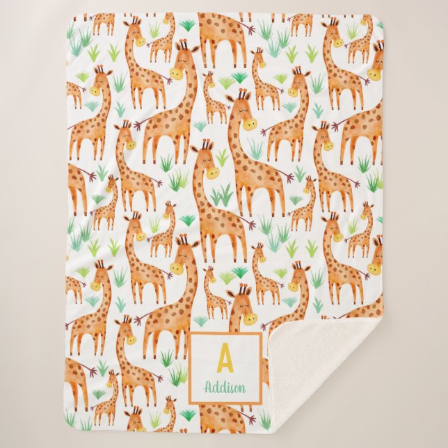 Beautiful Watercolor Giraffe Animal Personalized Sherpa Blanket (Front)