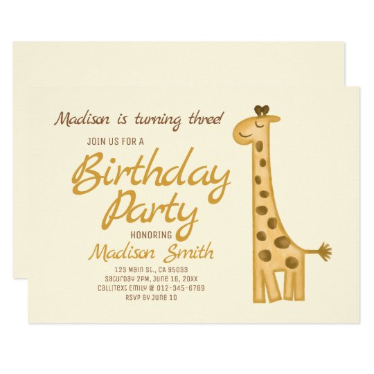 Beautiful Watercolor Giraffe Birthday Invitation Beautiful Watercolor Giraffe Birthday Invitation
