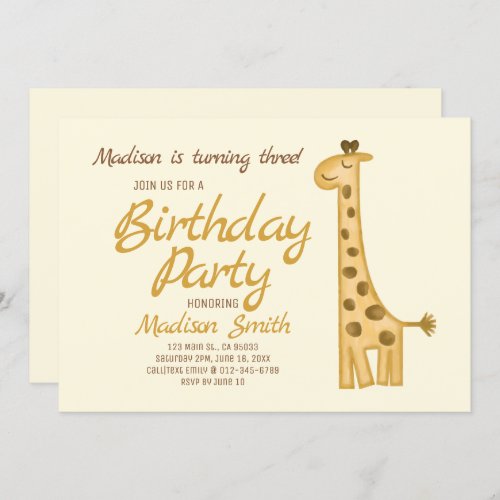 Beautiful Watercolor Giraffe Birthday Invitation