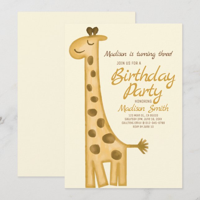 Beautiful Watercolor Giraffe Birthday Invitation (Front/Back)