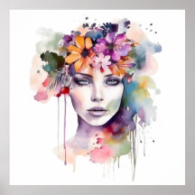 Beautiful Watercolor Girl with Flowers in Her Hair