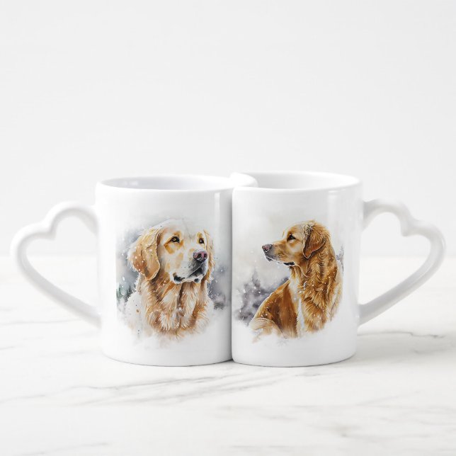 BEAUTIFUL WATERCOLOR GOLDEN RETRIEVER DOGS COFFEE MUG SET (Front Nesting)