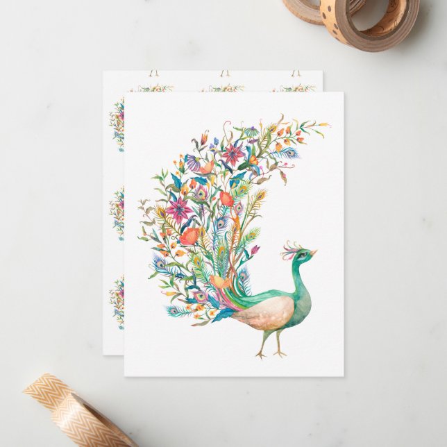 Beautiful watercolor green peacock note card (Front/Back In Situ)