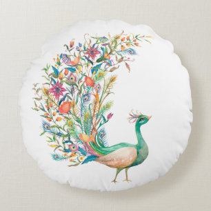 Beautiful watercolor green peacock round pillow