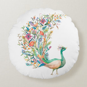 Beautiful watercolor green peacock round pillow