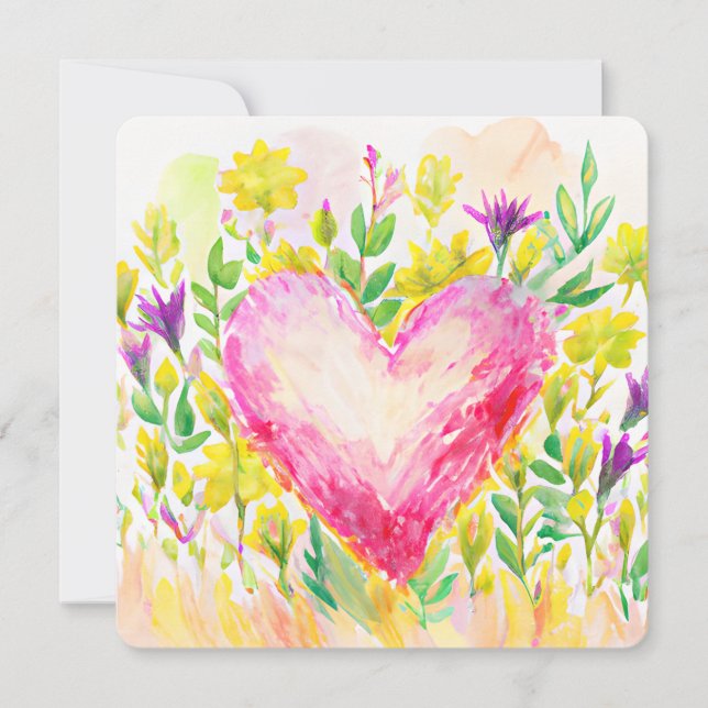 Beautiful watercolor heart and flower card (Front)