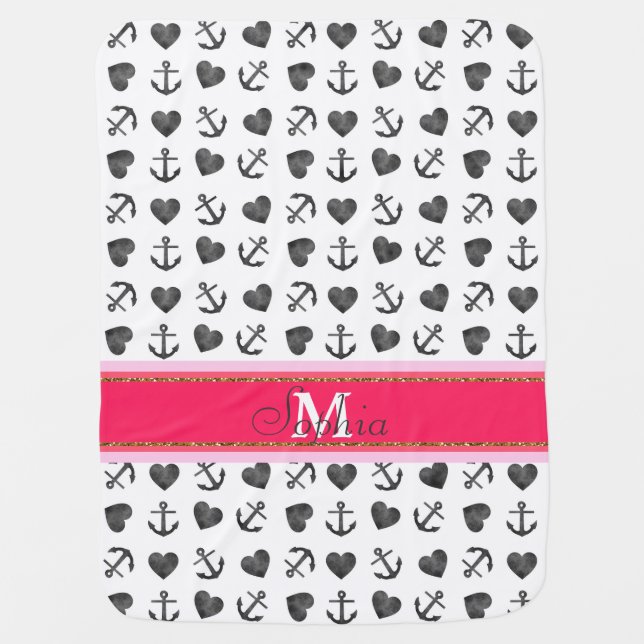 Beautiful watercolor hearts anchors pattern baby blanket (Front)