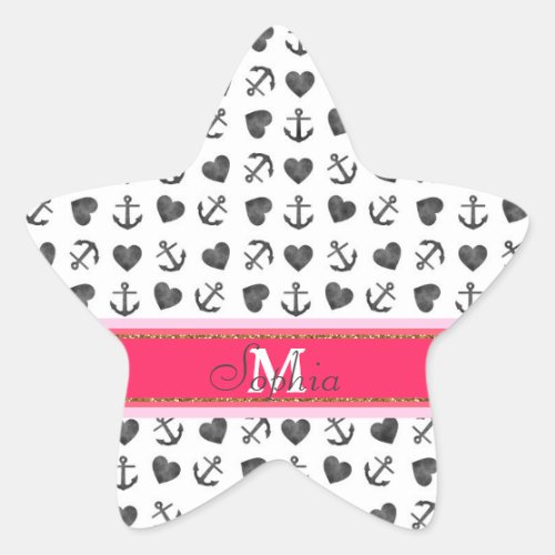 Beautiful watercolor hearts anchors pattern star sticker