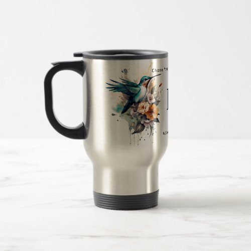 Beautiful Watercolor Hummingbird Monogram Name Travel Mug