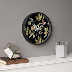Beautiful Watercolor Italian Olives Pattern Black Clock