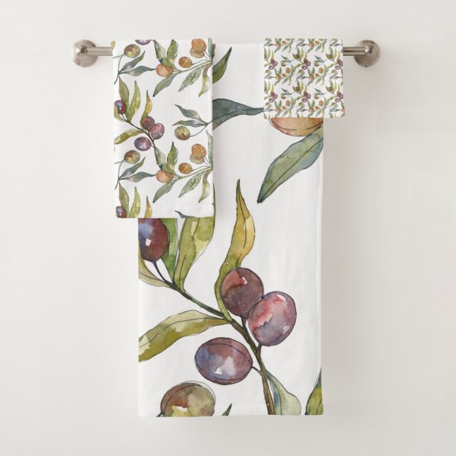 Beautiful Watercolor Italian Olives Pattern White Bath Towel Set (Insitu)