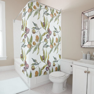 Beautiful Watercolor Italian Olives Pattern White Shower Curtain
