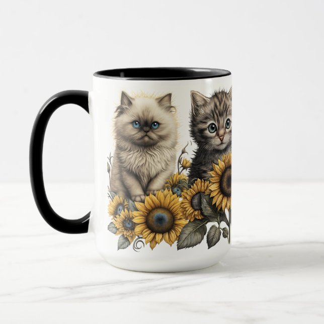 BEAUTIFUL WATERCOLOR KITTENS WITH SUNFLOWERS MUG (Left)
