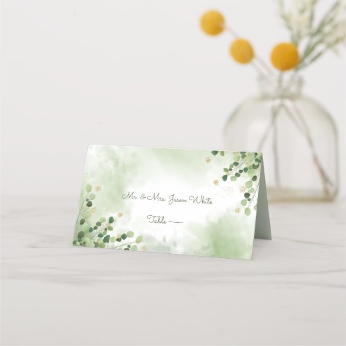 Beautiful Watercolor Leaves Gold Accents  Place Card