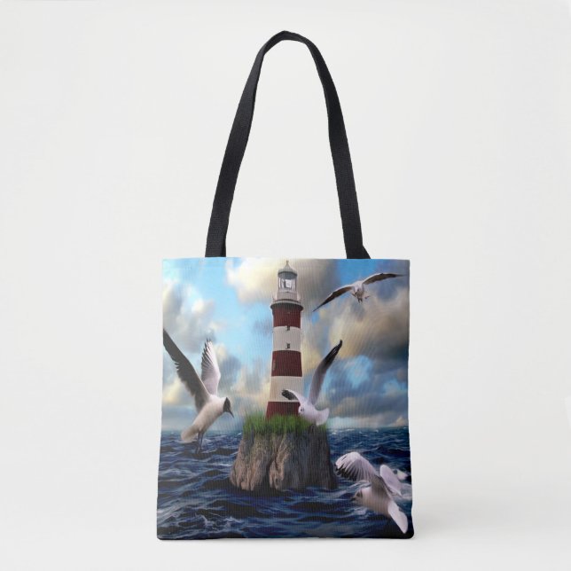 Beautiful Watercolor Lighthouse Scene Tote Bag (Front)