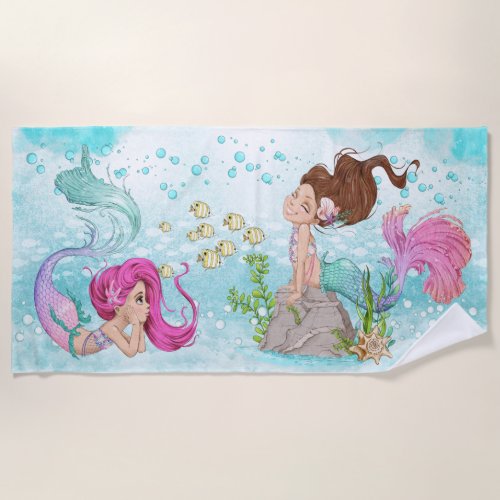 Beautiful Watercolor Little Mermaids Beach Towel