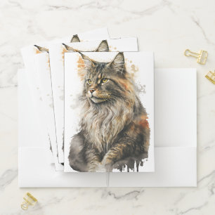 BEAUTIFUL WATERCOLOR MAINE COON CAT POCKET FOLDER