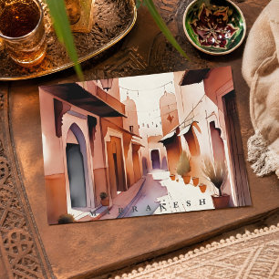 Beautiful Watercolor Marrakesh Morocco Old Medina Postcard