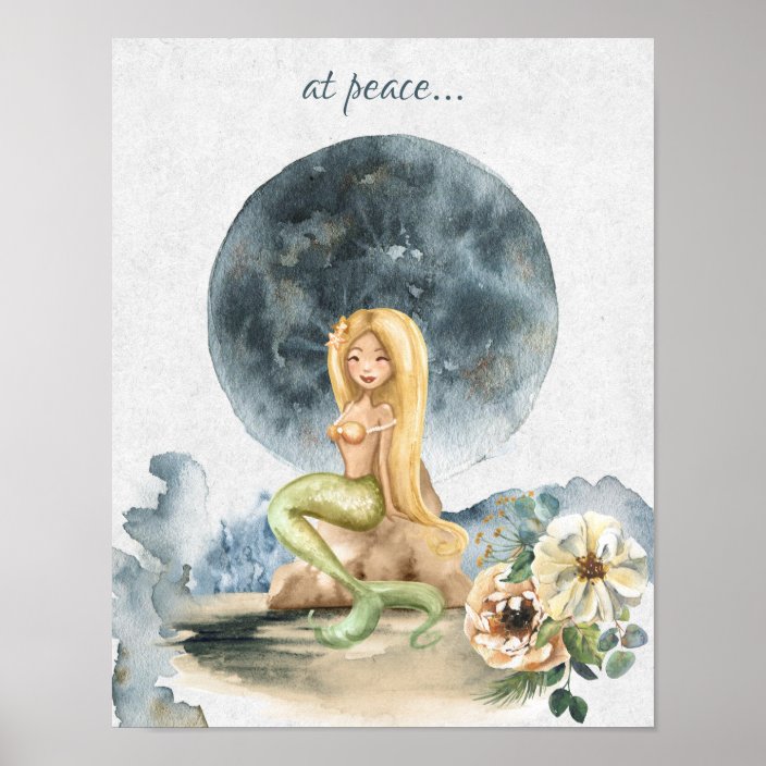 Beautiful Watercolor Mermaid Full Moon At Peace Poster Zazzle