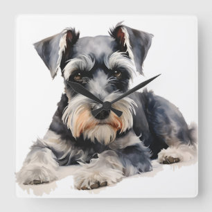 BEAUTIFUL WATERCOLOR MINIATURE SCHNAUZER DOG SQUARE WALL CLOCK