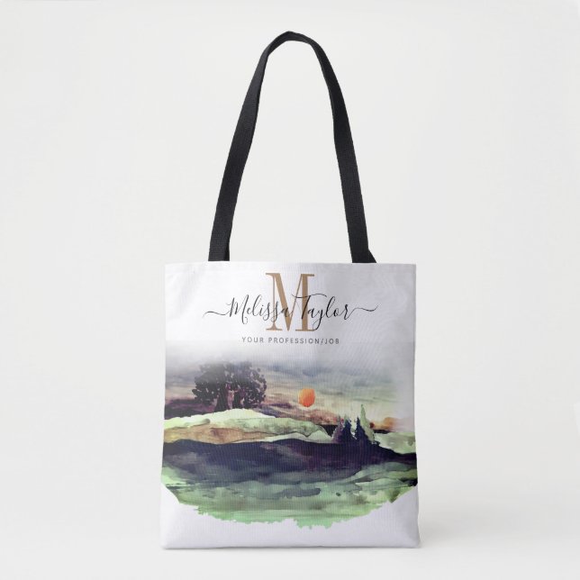 Beautiful Watercolor Mountains and Trees Monogram Tote Bag (Front)