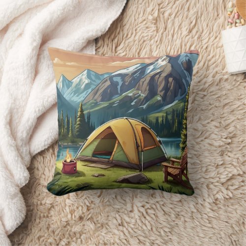 Beautiful Watercolor Nature Camping Painting Throw Pillow