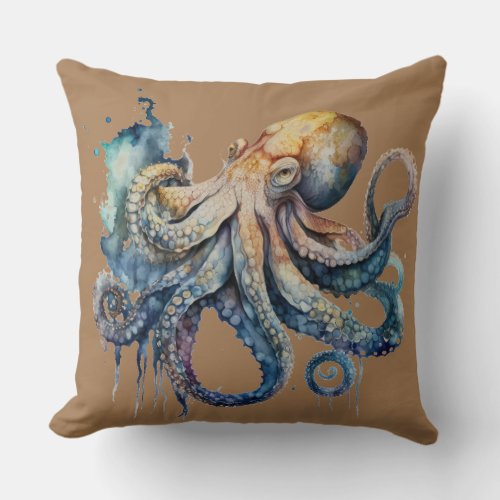 Beautiful Watercolor Octopus  Throw Pillow