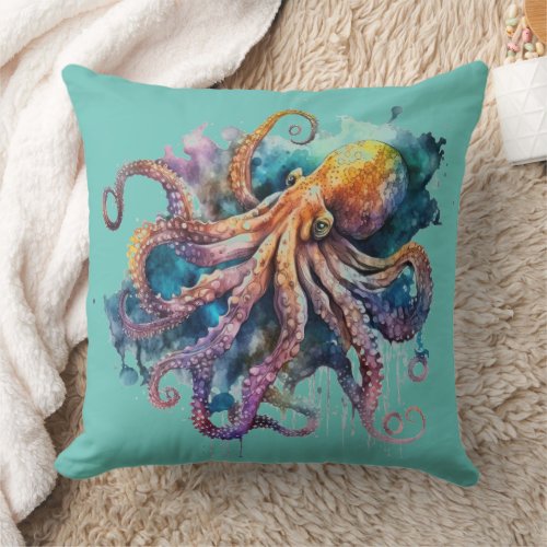 Beautiful Watercolor Octopus  Throw Pillow