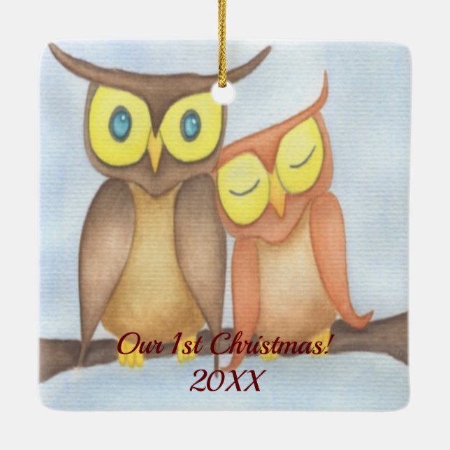 Beautiful Watercolor Owl Lovers Ceramic Ornament (Back)