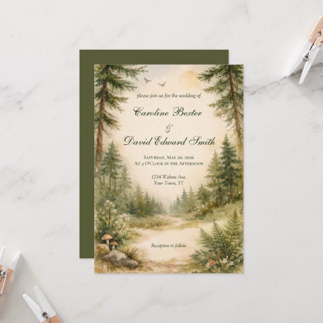 Beautiful Watercolor Painted Forest Scene Wedding Invitation (Front/Back In Situ)