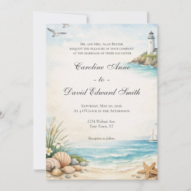 Beautiful Watercolor Painted Seaside Coastal Invitation (Front)
