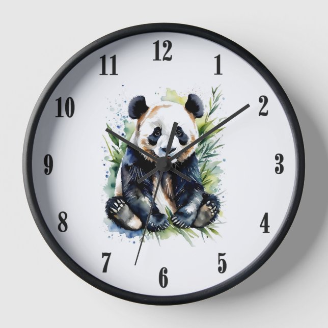 Beautiful Watercolor Panda Bear Black Numbers Clock (Front)