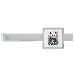Beautiful Watercolor Panda Bear  Silver Finish Tie Bar