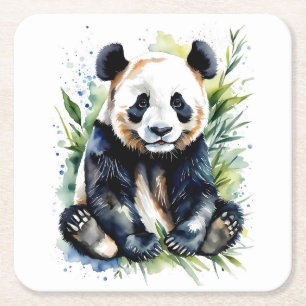Beautiful Watercolor Panda Bear  Square Paper Coaster