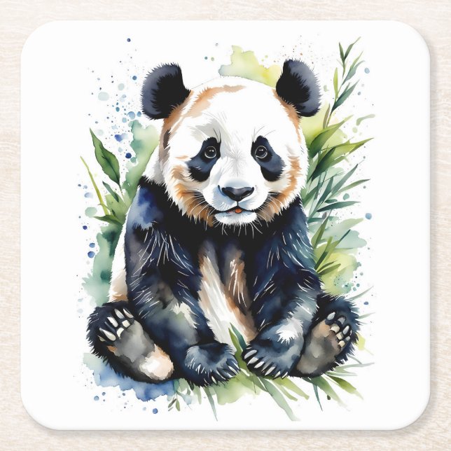 Beautiful Watercolor Panda Bear  Square Paper Coaster (Front)