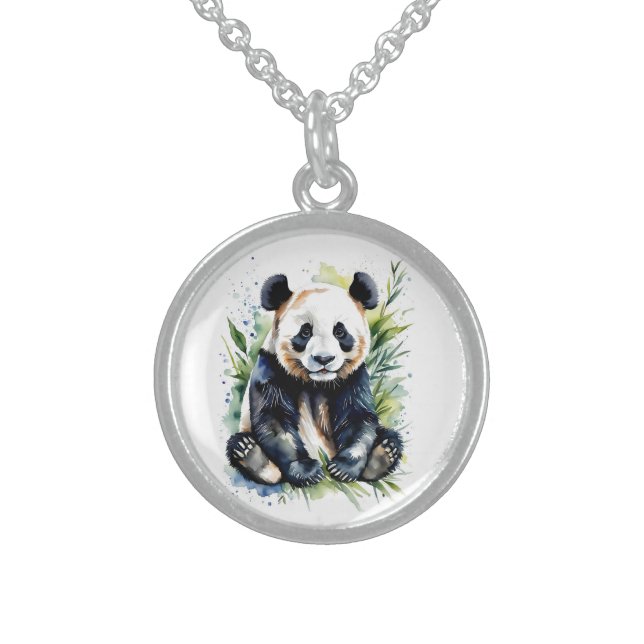 Beautiful Watercolor Panda Bear  Sterling Silver Necklace (Front)