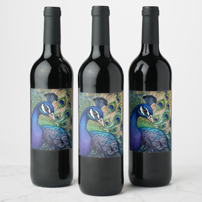 Beautiful Watercolor Peacock  Wine Label (Bottles)